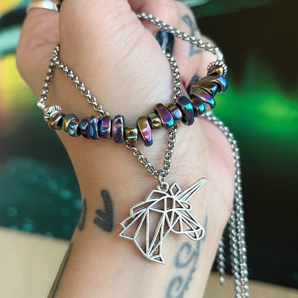 Double layer unicorn rainbow stones stainless steel adjustable choker necklace - Picture 9 of 12